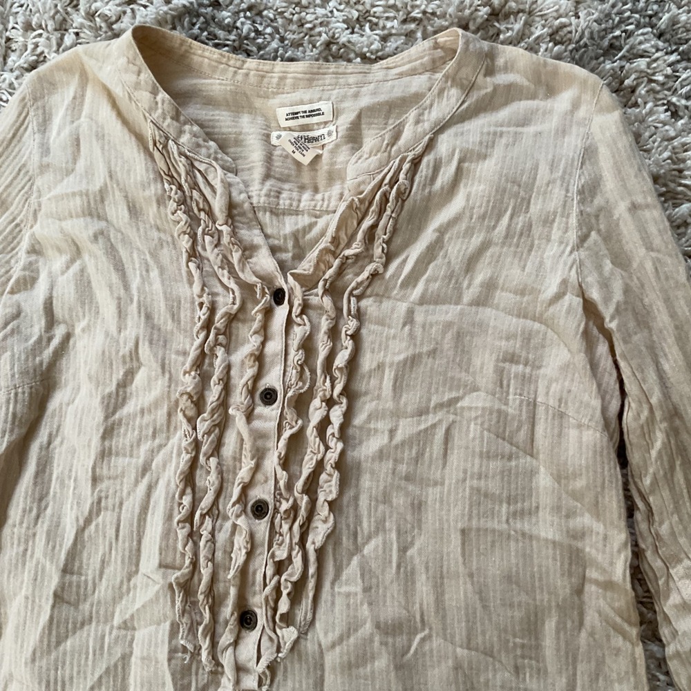 Ruff Hewn Cotton Tan Ruffle V Neck Button Up Top Women‎ M